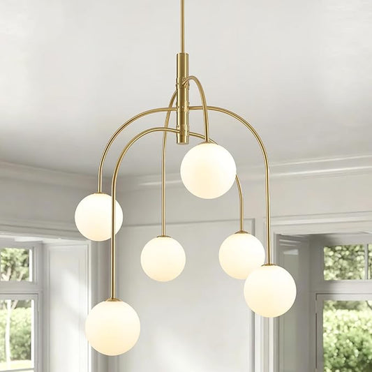 Mid Century Modern Chandelier, 6-Light Gold Globe Chandelier Milk Glass Chandelier Light Fixture, Adjustable Sputnik Hanging Pendant Light for Dining Room Entryway Kitchen Island, Bulbs Included