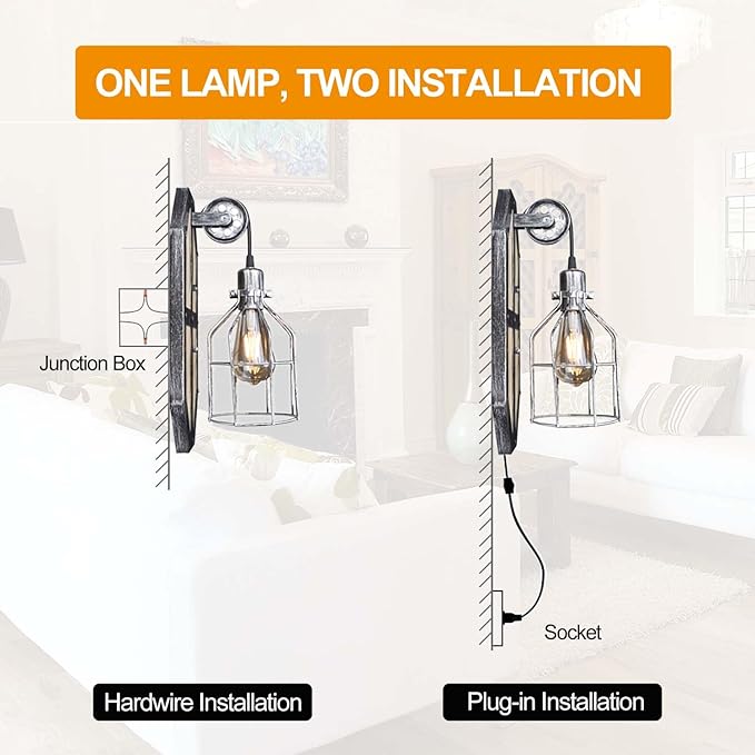 Steampunk Industrial Pulley Wall Sconce Plug in, Shabby Chic Metal Wall Mounted Lamp with Switch Retro Vintage Wall Light Fixtures with 8FT Plug in Cord, E26 Base(Edison Bulb Included, 1 Pack)