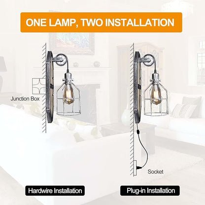 Steampunk Industrial Pulley Wall Sconce Plug in, Shabby Chic Metal Wall Mounted Lamp with Switch Retro Vintage Wall Light Fixtures with 8FT Plug in Cord, E26 Base(Edison Bulb Included, 1 Pack)