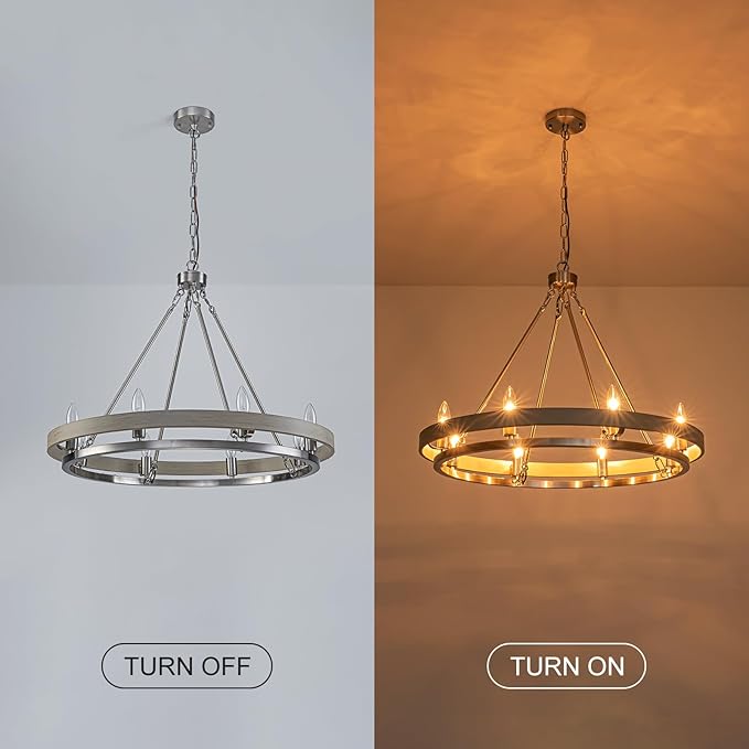 29" Brushed Nickel Wagon Wheel Chandelier, 8-Light Large Farmhouse Chandelier with Wood Grain Rustic Round Dining Room Light Fixtures for High Ceiling Foyer Living Room