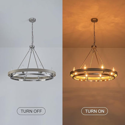29" Brushed Nickel Wagon Wheel Chandelier, 8-Light Large Farmhouse Chandelier with Wood Grain Rustic Round Dining Room Light Fixtures for High Ceiling Foyer Living Room