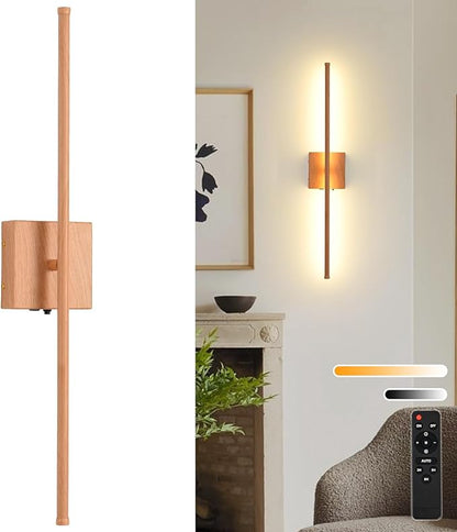 Battery Operated Wall Sconces, 11000mAh Rechargeable Faux Wood Texture Finish Wall Lights with Remote, 350° Rotatable Dimmable Wall Lamp 3 Color Temperatures, for Bedroom, Living Room, Hallway, 1 PCS