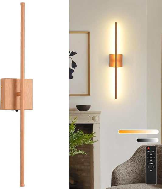 Battery Operated Wall Sconces, 11000mAh Rechargeable Faux Wood Texture Finish Wall Lights with Remote, 350° Rotatable Dimmable Wall Lamp 3 Color Temperatures, for Bedroom, Living Room, Hallway, 1 PCS