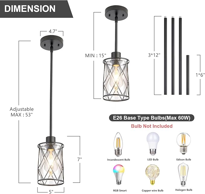 Refice Glass Pendant Lights Kitchen Island, Black Kitchen Hanging Light with Clear Glass, Farmhouse Cage Mini Pendant Lighting for Sink Dining Room Bedroom Bar, 1 Pack