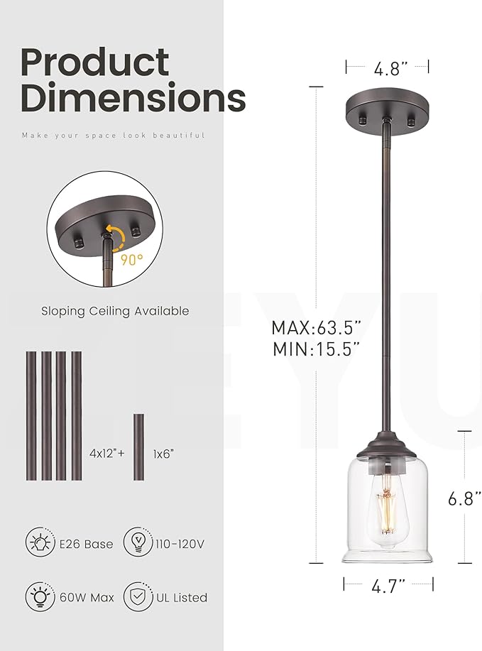 zeyu Farmhouse Hanging Pendant Lights 2 Pack, Modern Pendant Lights Kitchen Island with Clear Glass Shade, Oil Rubbed Bronze Finish, ZSL104MIL-2 ORB
