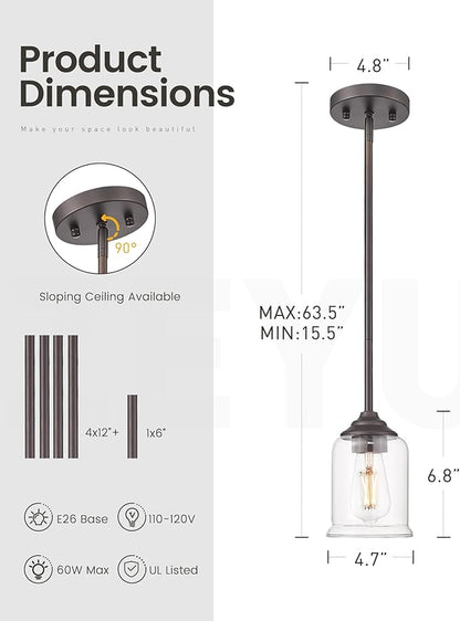zeyu Farmhouse Hanging Pendant Lights 2 Pack, Modern Pendant Lights Kitchen Island with Clear Glass Shade, Oil Rubbed Bronze Finish, ZSL104MIL-2 ORB