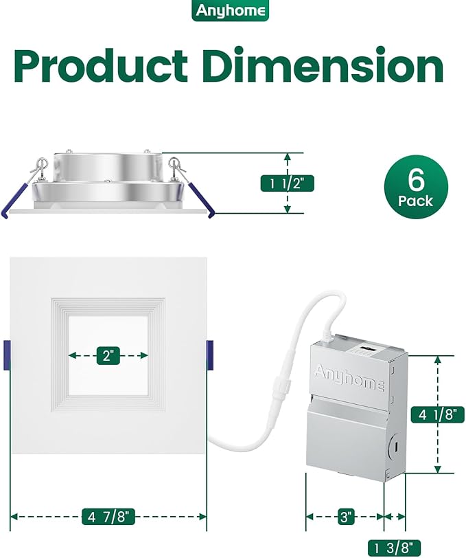 6 Pack 4 Inch Square Ultra-Thin Led Recessed Lighting,Recessed Led Downlight with Junction Box,5CCT 2700K-5000K Dimmable,with Baffle Anti-Glare,9W 700LM,ETL & ES