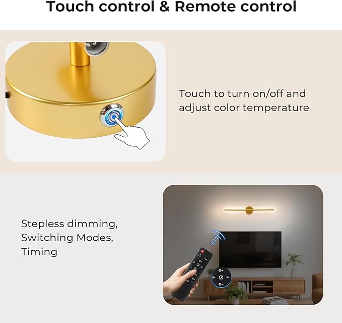 GvvooHome 1 Pack Battery Operated Wall Sconce Detachable 360°Rotate, Wireless Wall Light 3000-6500K Dimmable, 10000mAh Rechargeable Wall Lamp for Bedroom, Living Room，28.3 Inch Gold