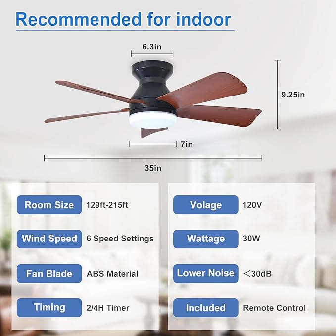 Depuley 35-Inch Ceiling Fan with Light: Walnut 5 Blade Low Profile Small Fans for Kitchen Bedroom - Flush Mount Ceiling Fan for Indoor/Outdoor with Remote Control Reversible Timer - 2 Packs