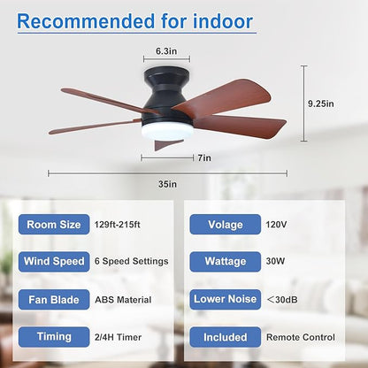 Depuley 35-Inch Ceiling Fan with Light: Walnut 5 Blade Low Profile Small Fans for Kitchen Bedroom - Flush Mount Ceiling Fan for Indoor/Outdoor with Remote Control Reversible Timer - 2 Packs
