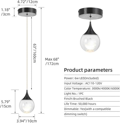 JoollySun Crystal LED Pendant Light: Black Modern Mini Light Fixtures Ceiling Hanging for Kitchen Island Bathroom