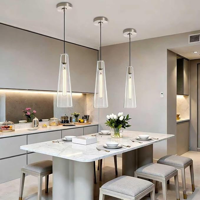 Modern Glass Pendant Lights Kitchen Island, Dimmable Brushed Nickel Pendant Light Fixtures 1 Pack, Adjustable Farmhouse Hanging Light Fixture with Clear Glass Shades for Hallway Dining Room