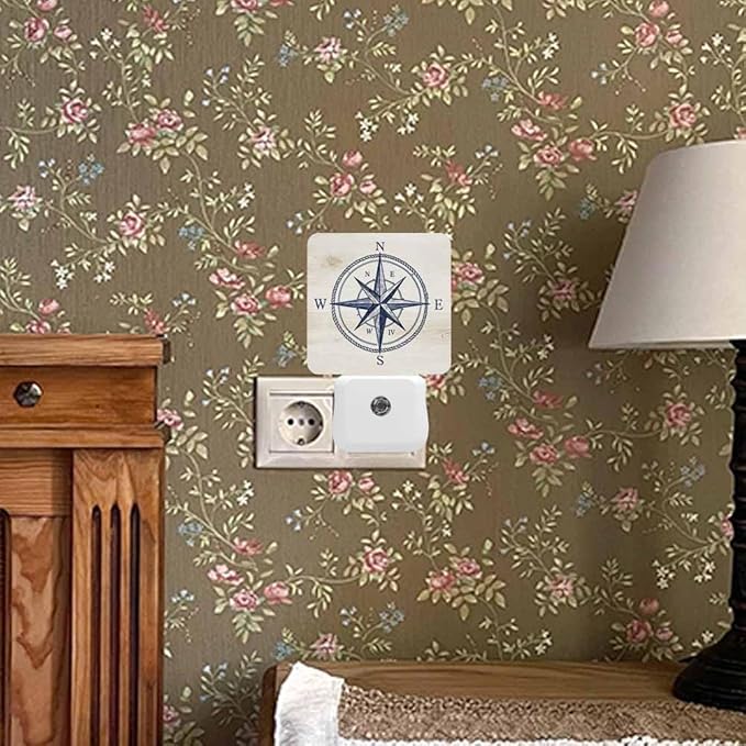 Compass Night Light Vintage Ocean Geographical Exploration Sign 0.5W Night Lights Auto LED Lamp Energy Saving Square Lights for Room Bedroom Bathroom