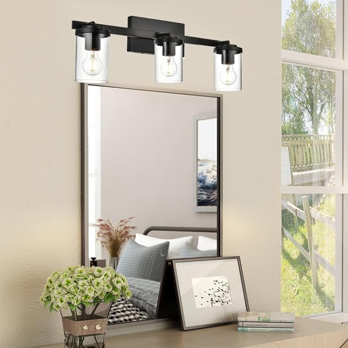 BONLICHT Industrial Vintage Indoor Wall Mount Spotlight 3 Light Modern Semi Flush Mount Ceiling Light Black Adjustable Track Lighting Kit Rustic Bathroom Vanity Light Fixture with Clear Glass Shade