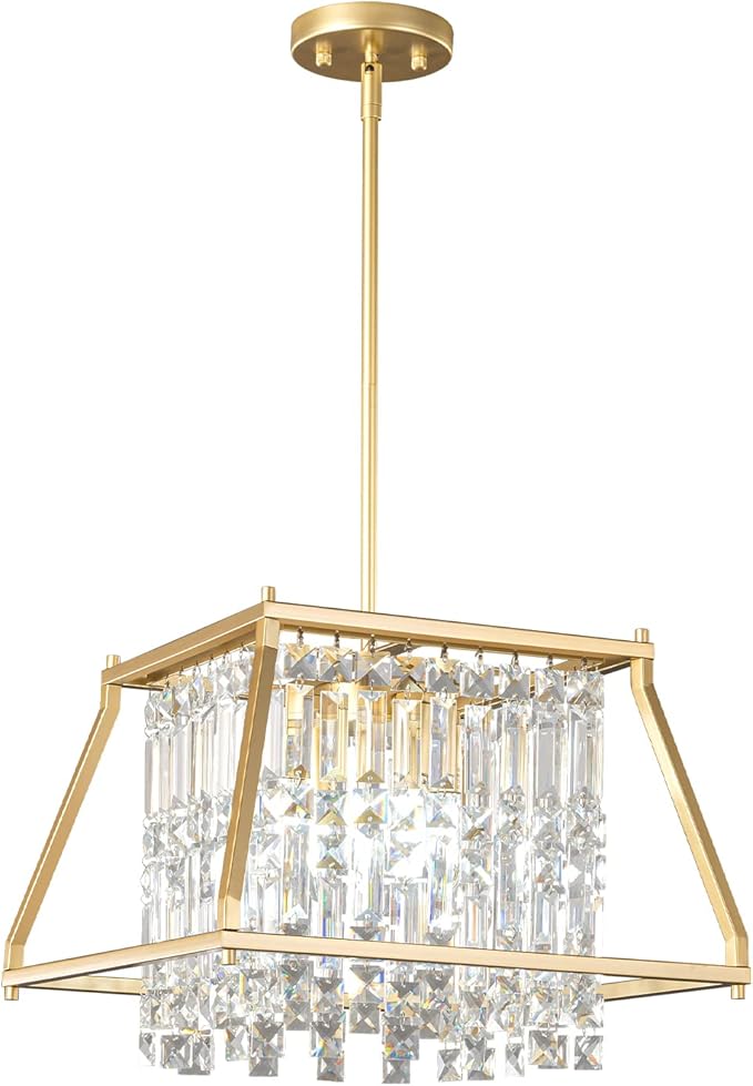 LMQNINE Farmhouse Chandelier - Gold Metal Crystal Pendant Light for Kitchen, Dining Room, Living Room - Flat and Inclined Ceiling (Trapezoid -15.74in)
