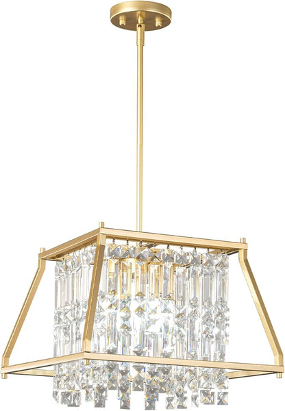 LMQNINE Farmhouse Chandelier - Gold Metal Crystal Pendant Light for Kitchen, Dining Room, Living Room - Flat and Inclined Ceiling (Trapezoid -15.74in)