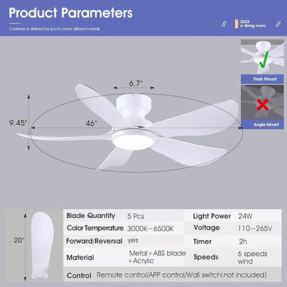 Kviflon 46 Inch Modern Ceiling Fans with Lights, Flush Mount Ceiling Fan with Light and Remote/APP Control, 5 Reversible 6 Speeds Curved Blades, 3 CCT Dimmable Lights for Bedroom, White