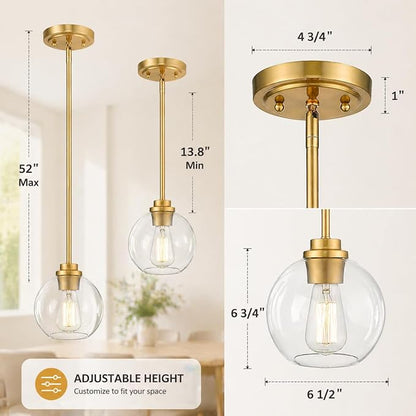 Gold Pendant Light, 7 Inch Clear Glass Farmhouse Hanging Fixture, Adjustable Height & Sloped Ceiling Compatible for Kitchen Island Dining Room Entryway Bedroom Hallway, 2 Pack