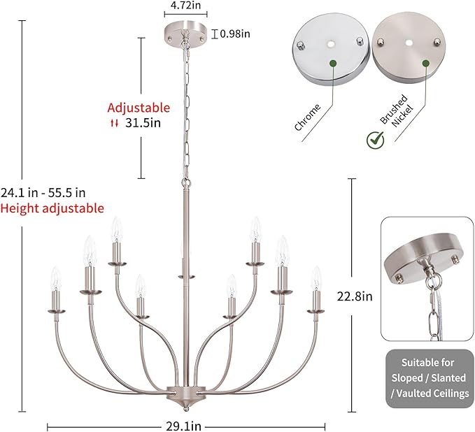 9-Light Farmhouse Chandelier for Dining Room, 2-Tier Brushed Nickel Chandelier, Industrial Modern Chandeliers for Dining Room, Living Room, Bedroom, Entryway, Kitchen