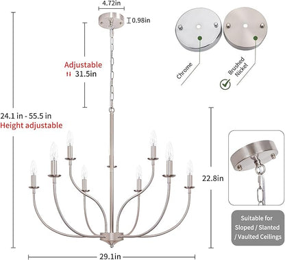 9-Light Farmhouse Chandelier for Dining Room, 2-Tier Brushed Nickel Chandelier, Industrial Modern Chandeliers for Dining Room, Living Room, Bedroom, Entryway, Kitchen