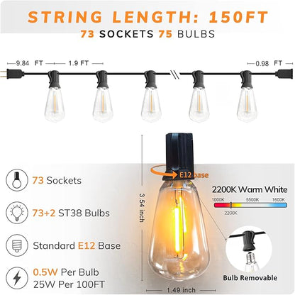 Achin Outdoor String Lights 150FT LED ST38 Edison Vintage String Lights Outdoor Dimmable Warm 2200K with 75 Shatterproof Bulbs Plastic String Lights Waterproof for Patio Bistro Gazebo Lights