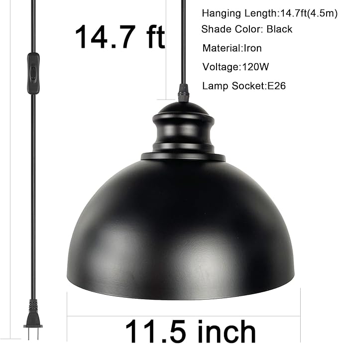 BRIGHTESS Ecopower Industrial Barn Pendant Light, Retro Candelabra Ceiling Light, Metal Farmhouse Kitchen Lighting, E26 Base, 14.7FT Cord, Black
