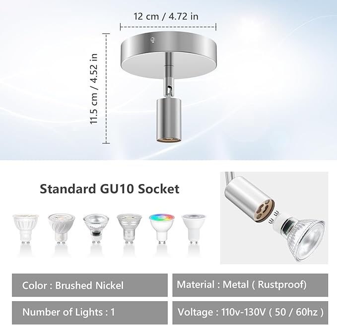 1 Light Track Lighting Spotlight, Flexible Track Lighting Fixture Ceiling, Track Light Ceiling with GU10 Base for Exhibition Hall, Corridor (Bulbs Not Included)