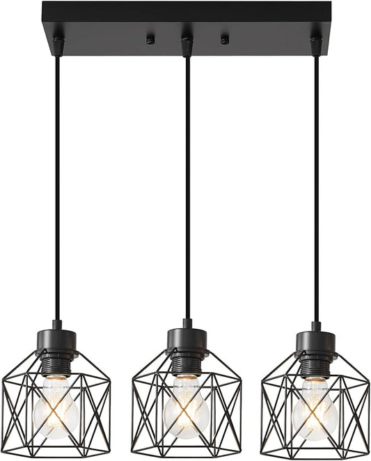 3-Light Hanging Pendant Light Fixtures, Farmhouse Kitchen Island Light Fixture, Industrial Hanging Pendant Lighting for Dining Room Bedroom Hallway, Black Metal Cage Pendant Lamp, E26 Base