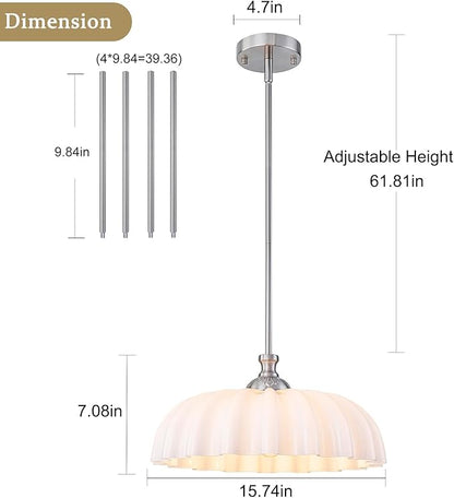 15.7" Vintage Flower Brushed Nickel Chandelier - Adjustable Height White Milk Glass Shades Pendant Light Fixture for Kitchen Island, Dining Room, Bedroom
