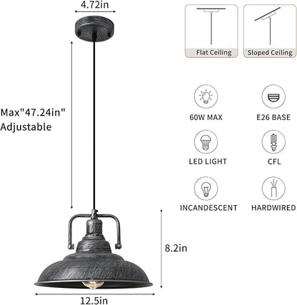 Black and Silver Pendant Light 12.5 inches 3 Packs, Farmhouse Pendant Light, Industrial Pendant Light, Kitchen Pendant Lights, Pendant Lights Kithen Island for Bedroom; Living Room; Kitchen