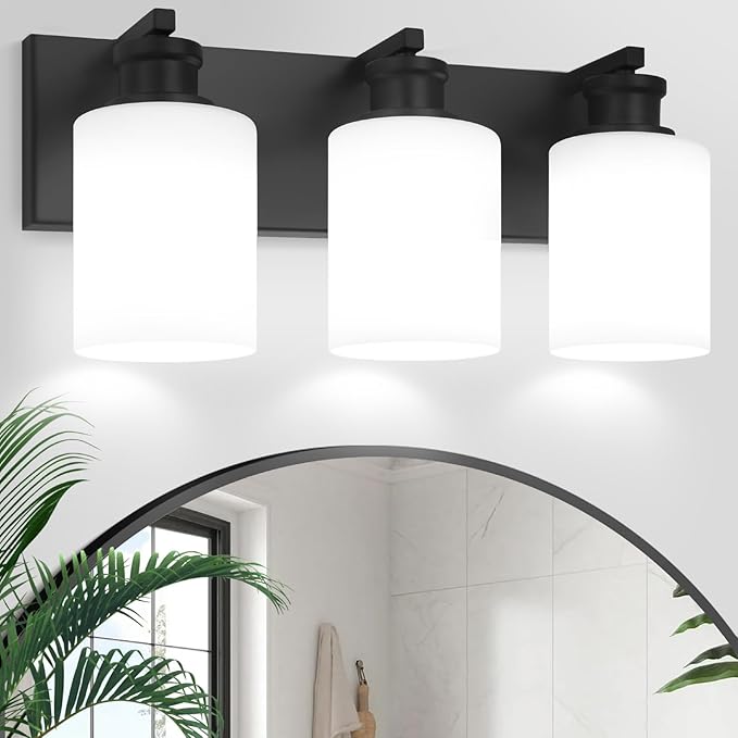 Bathroom Vanity Light, Modern 3 Light Bathroom Light Fixture Over Mirror with White Glass Shade, Black Vanity Lights for Bathroom, E26 Base, 16.5 inch (Bulbs Not Included)