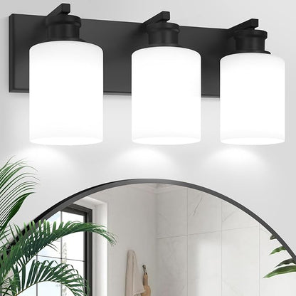 Bathroom Vanity Light, Modern 3 Light Bathroom Light Fixture Over Mirror with White Glass Shade, Black Vanity Lights for Bathroom, E26 Base, 16.5 inch (Bulbs Not Included)