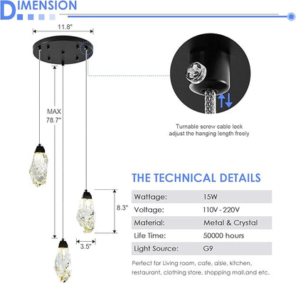 3 Lights Crystal Pendant Light Modern Cluster Chandelier Dimmable Pendant Light Fixture with Black Teardrop Design Stylish Lighting for Kitchen Island, Dining Room, Hallway, Bathroom