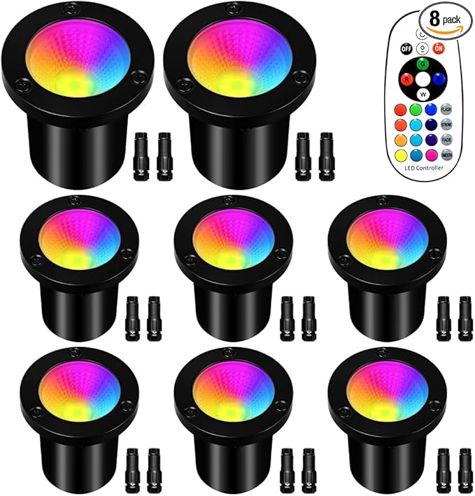 RGBW Low Voltage Landscape Lights, 16 Color Changing Outdoor In-Ground Lights IP67 Waterproof 12V-24V Landscape Spotlightst for Garden Yard Pathway Christmas(8 Pack)