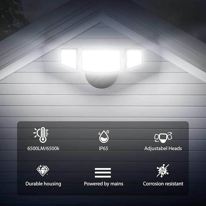 iMaihom 65W 6500LM LED Outdoor Flood Light, Switch Controlled Outdoor Security Light, 3 Adjustable Heads, IP65 Waterproof, 6500K Daylight White, Hardwired Wall Mount Light for Garage Yard Patio, Black