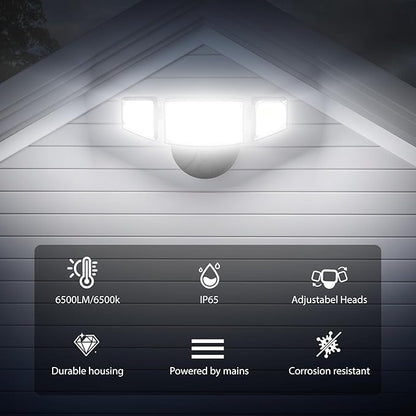 iMaihom 65W 6500LM LED Outdoor Flood Light, Switch Controlled Outdoor Security Light, 3 Adjustable Heads, IP65 Waterproof, 6500K Daylight White, Hardwired Wall Mount Light for Garage Yard Patio, Black