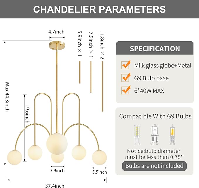 Modern Gold Sputnik Chandelier 6-Light Mid Century Chandelier for Dining Room with Milky Glass Globe Brushed Brass Ceiling Pendent Light Fixture for Living Room Kitchen Island Foyer Bedroom