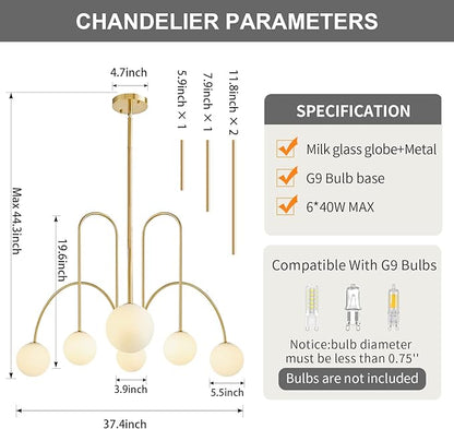 Modern Gold Sputnik Chandelier 6-Light Mid Century Chandelier for Dining Room with Milky Glass Globe Brushed Brass Ceiling Pendent Light Fixture for Living Room Kitchen Island Foyer Bedroom