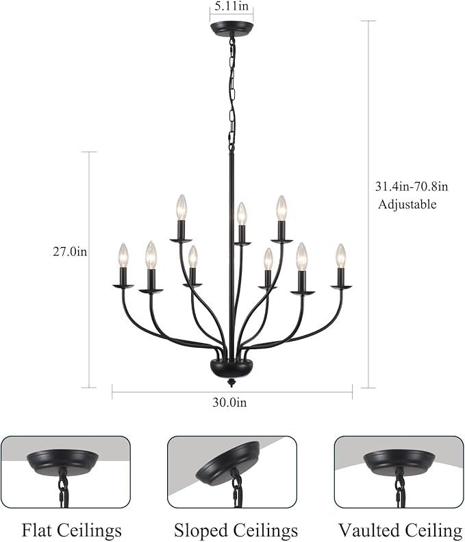 Black Farmhouse Chandelier 9-Light, 2-Tier Modern Candle Chandeliers for Dining Room Light Fixtures, Industrial Hanging Light French Country Chandelier for Bedroom Living Room Foyer Entryway