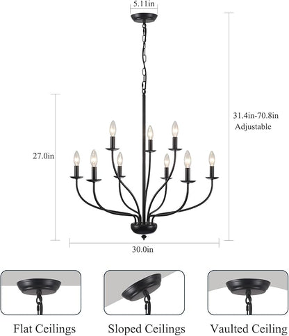 Black Farmhouse Chandelier 9-Light, 2-Tier Modern Candle Chandeliers for Dining Room Light Fixtures, Industrial Hanging Light French Country Chandelier for Bedroom Living Room Foyer Entryway