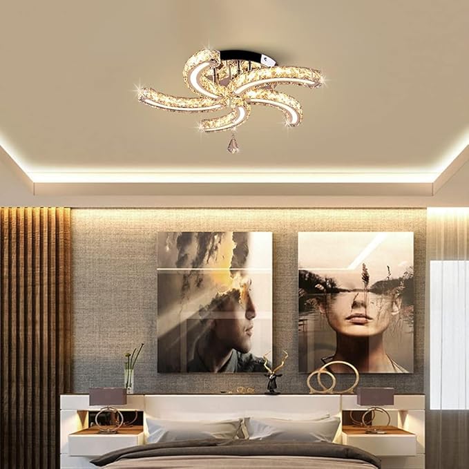 19.7" Dimmable Crystal Chandeliers Modern Crystal Ceiling Light Fixtures Acrylic 5 Arms Led Flush Mount Ceiling Light Lamp for Dining Room Living Room Bedroom Hallway Remote Control