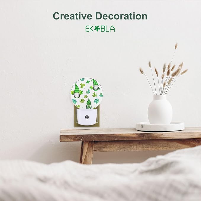EKOBLA St. Patrick's Day Gnome Plug-in Night Light, Green Shamrock Clover LED Nightlight with Auto Sensor for All Ages