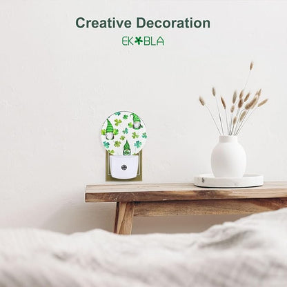 EKOBLA St. Patrick's Day Gnome Plug-in Night Light, Green Shamrock Clover LED Nightlight with Auto Sensor for All Ages