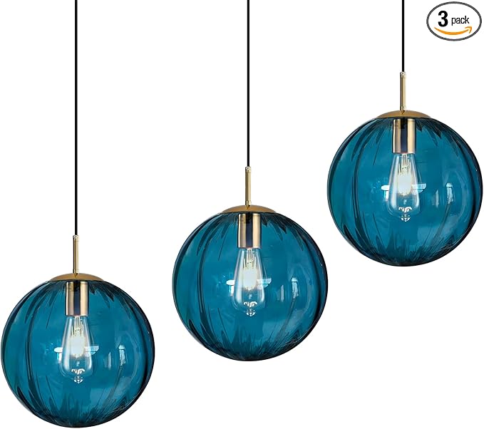 Modern Blue Glass Pendant Light, Kitchen Island Lighting 3-Pack Globe Pendant Light Fixtures Century Kitchen Island Pendant Lighting for Bedroom Living Dining Room Light Fixture (Without Bulb)