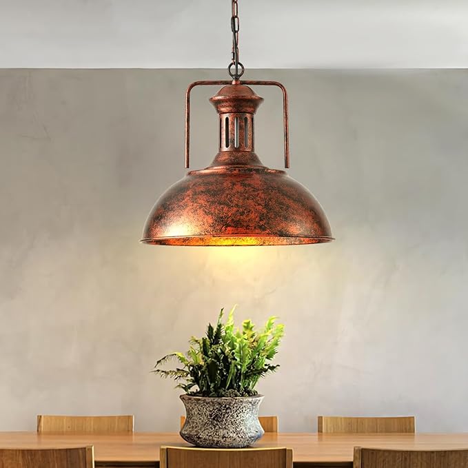 Industrial Dome Pendant Light Fixture, Farmhouse Barn Hanging Ceiling Lighting for Kitchen Island, Dining Room, Rustic Bronze Metal