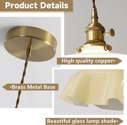 Vintage Glass Pendant Light,Gold Brass Pendant Lights Body,Adjustable Height Hanging Light Fixture for Kitchen Island Dining Room Living Room,Color Creamy Yellow