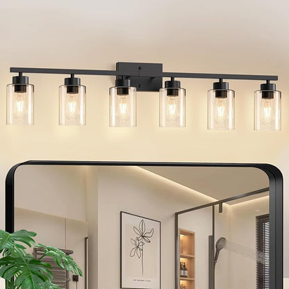 IZORRO Modern Bathroom Light Fixtures, 6 Light Black Vanity Lights, Bathroom Lighting Fixtures Over Mirror with Clear Glass for Living Room Cabinet Bedroom