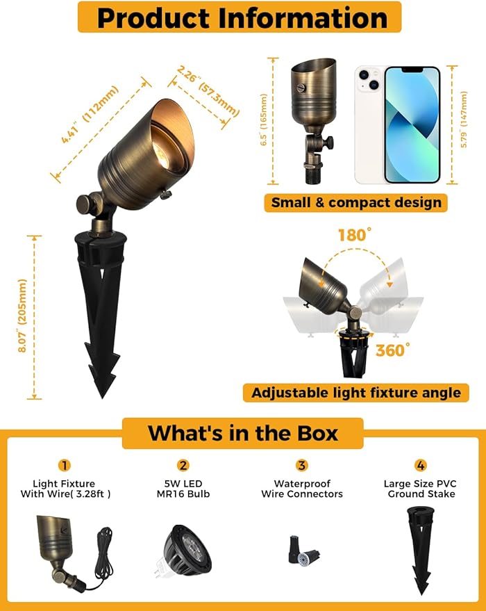 COLOER Brass Outdoor Spotlights,12V Low Voltage Landscape Lighting Without Bulb,Waterproof Landscape Spot Lights for Yard,Garden,Lawn,Tree,Small Size (4)