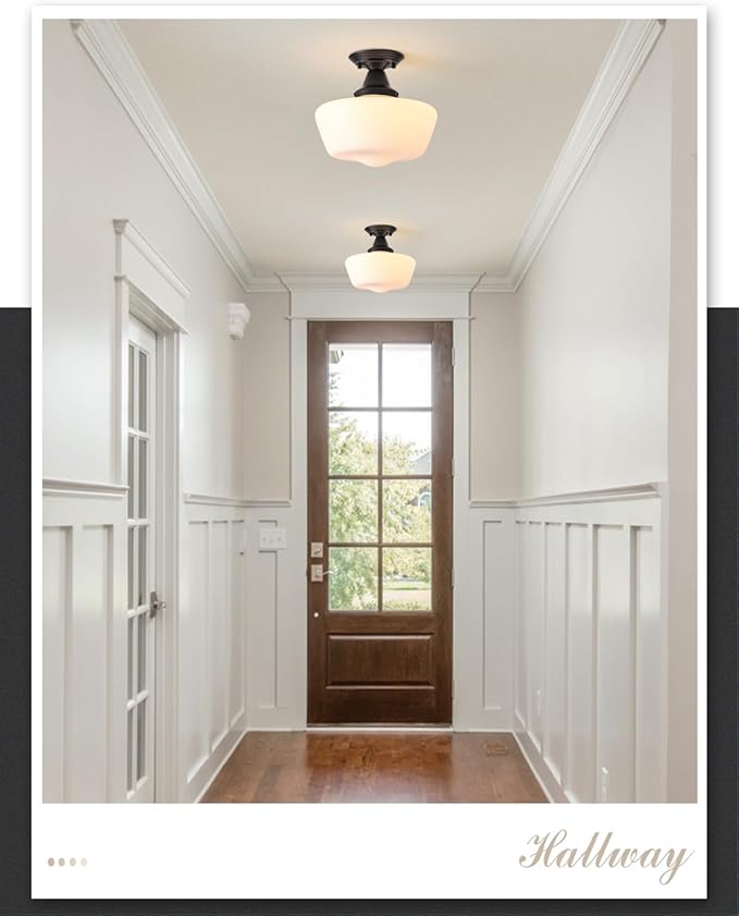 Schoolhouse Light Fixture, 12 Inch Black Finish with Milk Glass Semi Flush Mount Ceiling Light, Ceiling Light Fixture for Kitchen Hallway Entryway