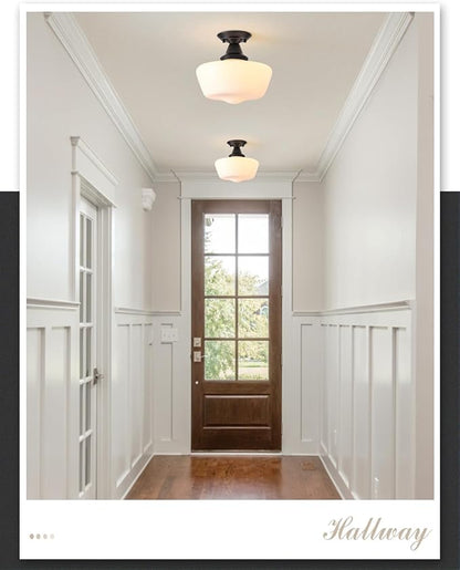 Schoolhouse Light Fixture, 12 Inch Black Finish with Milk Glass Semi Flush Mount Ceiling Light, Ceiling Light Fixture for Kitchen Hallway Entryway